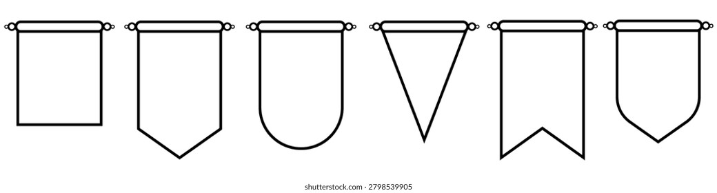 This is a vector illustration depicting a set of six hanging banner and pennant outlines in black. The shapes vary including rectangular pointed rounded and triangular forms all with a line at the top suggesting a hanging mechanism. They are