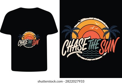 This is a vector illustration depicting a sun setting behind palm trees and waves, designed for apparel. It features a