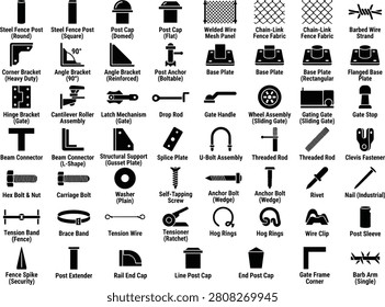 This is a vector illustration depicting a variety of metal fasteners and structural components, all shown on a white background.