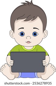 This vector illustration depicts an adorable baby sitting cross-legged, focused on a digital tablet. The child, with a curious expression, is dressed in a colorful outfit