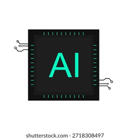 Esta Ilustración vectorial representa un chip procesador de Inteligencia Artificial (IA), con las letras AI prominentemente en un color verde azulado vibrante sobre un fondo oscuro. Simboliza el poder informático avanzado, el aprendizaje automático y la innovación tecnológica futura. El diseño incluye Elementos de circuitos, lo que lo hace ideal para conceptos relacionados con la tecnología inteligente, el procesamiento de datos y la inteligencia digital.