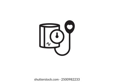 This vector illustration depicts a black and white icon of a manual blood pressure monitor with a cuff and bulb, used for measuring blood pressure manually.