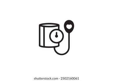 This vector illustration depicts a black and white icon of a manual blood pressure monitor with a cuff and bulb, used for measuring blood pressure manually.