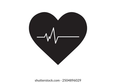 This vector illustration depicts a black heart with a white ECG heartbeat line running through it, symbolizing heart health, cardiology, and medical care concepts.