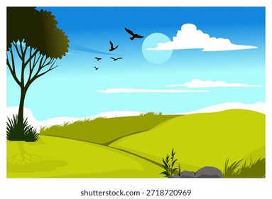 Esta ilustração vetorial representa uma paisagem rural brilhante e pacífica. O primeiro plano e o meio são colinas verdes expansivas ou prados com alguns montes de terra. À esquerda, uma grande árvore com folhas verde-escuras e um tronco marrom domina o lado esquerdo, lançando uma sombra no chão. No fundo, o céu tem um gradiente azul claro e brilhante, com algumas nuvens brancas em estilo cartoon. Vários pássaros negros podem ser vistos voando no céu, dando a impressão de movimento e vida. E o círculo do sol atrás das nuvens, que ilumina toda a cena com luz natural, implica uma atmosfera pacífica e serena.