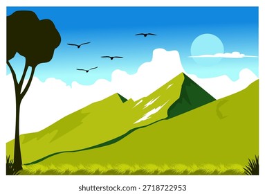 
Esta ilustração vetorial representa uma paisagem rural brilhante e pacífica. O primeiro plano e o meio são colinas verdes expansivas ou prados com alguns montes de terra. À esquerda, uma grande árvore com folhas verde-escuras e um tronco marrom domina o lado esquerdo, lançando uma sombra no chão. No fundo, o céu tem um gradiente azul claro e brilhante, com algumas nuvens brancas em estilo cartoon. Vários pássaros negros podem ser vistos voando no céu, dando a impressão de movimento e vida. E o círculo do sol atrás das nuvens, que ilumina toda a cena com luz natural, implica uma atmosfera pacífica e serena.