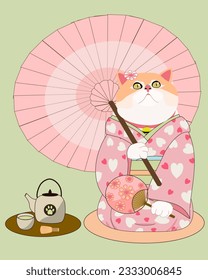 This vector illustration depicts a cat wearing a pink kimono, enjoying the view of cherry blossoms known as the Hanami festival, accompanied by traditional Japanese green tea