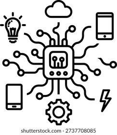 This vector illustration depicts a central processing unit connecting various smart devices and services. Icons include a light bulb, cloud computing, smartphone, and gear, representing the concept of the Internet of Things (IoT) and smart home automation.
