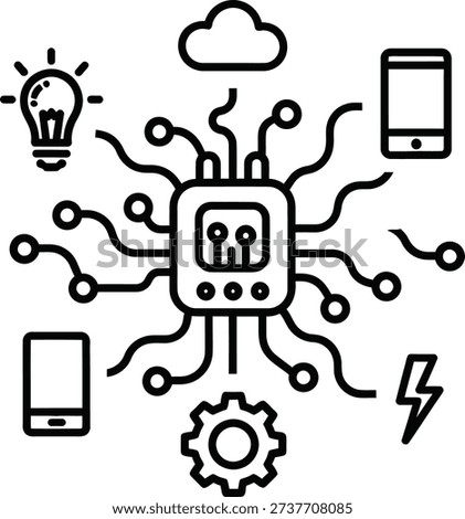 This vector illustration depicts a central processing unit connecting various smart devices and services. Icons include a light bulb, cloud computing, smartphone, and gear, representing the concept of the Internet of Things (IoT) and smart home automation.