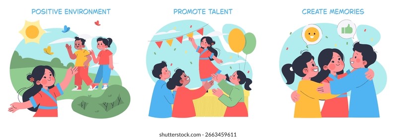 Diese Vektorgrafik zeigt Kinder, die sich an Aktivitäten im Freien beteiligen, Talentshows und Gruppenumarmungen, die positive Umgebungen und freudige Interaktionen unter Freunden hervorheben.