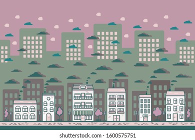 
This vector illustration depicts a city street with light pink and brown houses, clouds floating above them. In the background are large light green houses with a shrimp-colored sky.