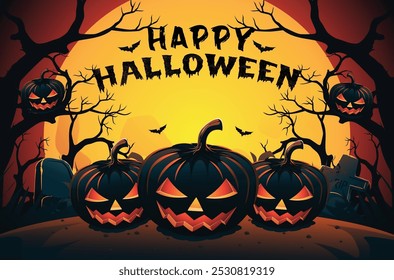 Esta Ilustración vectorial representa una escena clásica de Halloween. Tres jack-o'-lanterns tallados están en primer plano, colocados ante un cementerio silueteado contra una Grande luna llena naranja.