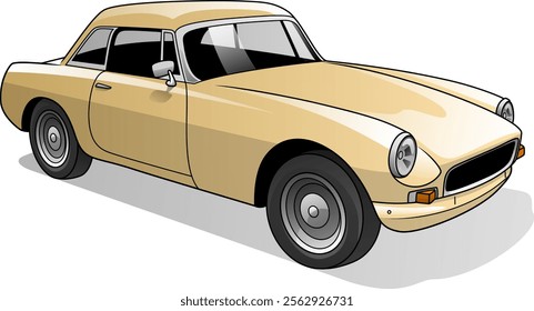 This vector illustration depicts a classic beige coupe car with a sleek design, featuring round headlights and a streamlined body, highlighting its vintage aesthetic