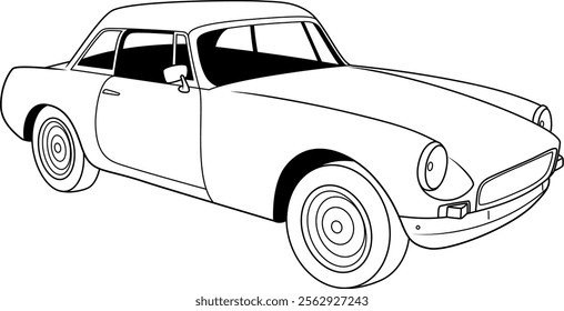 This vector illustration depicts a classic two-door coupe car with a sleek design, characterized by its rounded headlights, prominent front grille, and smooth, flowing lines.