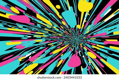 This vector illustration depicts a colorful burst of paint on a black background. The lines are made up of a variety of shapes and sizes, and they are