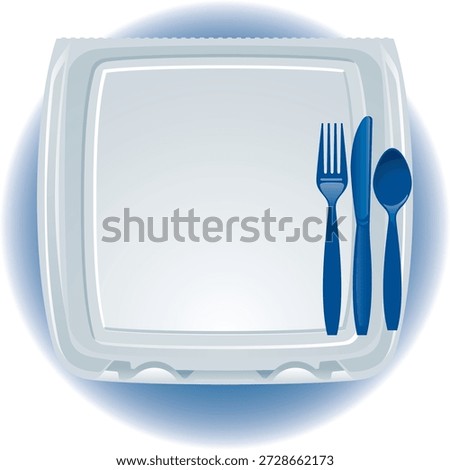This vector illustration depicts a complete disposable dining setup, featuring a square white to-go plate paired with blue plastic fork, knife, and spoon arranged like a formal table setting. It is ideal for themes related to takeaway food, travel meals, lunch boxes, catering services, and eco or convenience dining concepts.