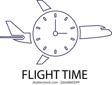 Esta Ilustración vectorial representa el concepto de tiempo de vuelo, con un avión combinado con un reloj, simbolizando los horarios de viaje y la gestión del tiempo. Está aislado en blanco.