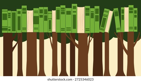 Esta ilustração vetorial retrata uma ideia conceitual de conhecimento e educação como uma floresta em crescimento, com árvores representadas por espinhos e ramos de livros. O arranjo simboliza aprendizagem, sabedoria e