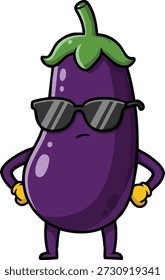 This vector illustration depicts a confident eggplant character wearing sunglasses and yellow gloves, standing boldly with a cool attitude in a cartoon style. Cheerful mood.