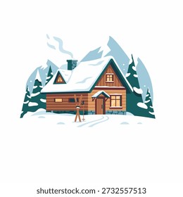 This vector illustration depicts a cozy, snow-covered log cabin nestled in a serene mountain landscape. Designed in a clean, flat vector style with crisp outlines and soft, harmonious colors, the scene evokes warmth and tranquility in a winter setting.