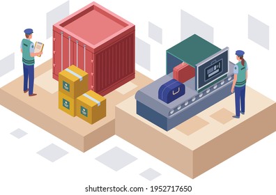 This vector illustration depicts a customs authority responsible for collecting tariffs and for controlling the flow of goods