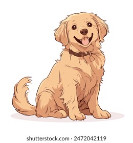 Diese Vektorillustration zeigt einen süßen Golden Retriever Welpen sitzend mit einem glücklichen Ausdruck. Der Welpe hat einen braunen Kragen mit Anhänger und sitzt mit ausgestreckter Zunge. 