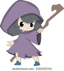 This vector illustration depicts a cute cartoon witch wearing a purple hooded robe and holding a magical staff. The character design is playful and charming