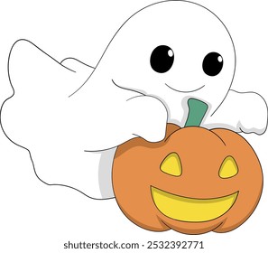 Esta ilustração vetorial retrata um personagem fantasma bonito segurando um valete alegre ou lanterna, perfeito para projetos temáticos de Halloween. O fantasma tem uma expressão amigável