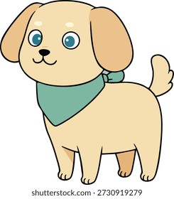 Esta Ilustración vectorial representa a un Pequeño perro beige lindo con una bufanda verde, de pie y mirando hacia adelante con una expresión amistosa, creando un sentimiento encantador y juguetón.