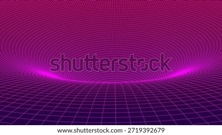 This vector illustration depicts a deep digital vortex created from a curved neon grid that recedes into perspective, creating the effect of virtual space.