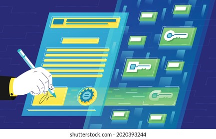 This vector illustration depicts a digital signature is an authentication mechanism that enables the creator of the message to attach a code that acts as a signature