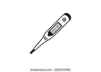 Esta Ilustración vectorial representa un termómetro digital con un diseño simple en blanco y negro, con una pantalla LCD que muestra una lectura de temperatura de 98.6 ° F.