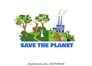 This vector illustration depicts a divided scene, contrasting nature. Vector illustration