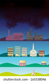 This vector illustration depicts manÃ¢Â?Â?s eventual environmental impact