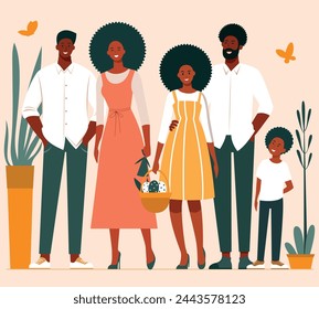 This vector illustration depicts a family celebrating Easter, surrounded by plants and butterflies. It conveys a calm and harmonious atmosphere that is often associated with family gatherings and cele