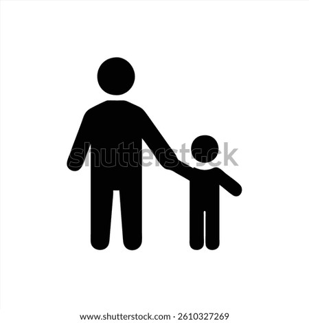 This vector illustration depicts a father and a child holding hands. The figures are in solid black against a white background, symbolizing family connection and togetherness.