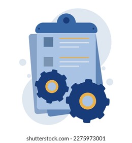 This vector illustration depicts a file folder with mechanical gears in the background. This illustration can be used to illustrate topics related to technology, industry and business.