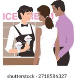 This vector illustration depicts a friendly waitress serving ice cream to a couple in a café or restaurant setting. The waitress is dressed in a classic service uniform, consisting of a white shirt, black apron, and bow tie, representing professionalism and hospitality. She is holding a glass of ice cream topped with whipped cream and a cherry, highlighting a dessert service moment.

Suggests an ice cream parlor or dessert café environment. The illustration captures a standard customer service interaction, emphasizing friendliness, dining experience, and hospitality. This image is suitable for restaurant marketing, café menus, dessert promotions, hospitality branding, and service industry visuals.