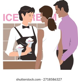 Esta Ilustración vectorial muestra a una camarera amigable sirviendo helados a una pareja en un café o restaurante. La camarera está vestida con un uniforme de servicio clásico, que consta de una camisa blanca, delantal negro y pajarita, lo que representa el profesionalismo y la hospitalidad. Ella está sosteniendo un vaso de helado cubierto con crema batida y una cereza, destacando un momento de servicio de postres.

Sugiere un ambiente de heladería o cafetería de postres. La ilustración captura una interacción de Servicio al cliente estándar, enfatizando la amabilidad, la experiencia gastronómica y la hospitalidad. Esta Imagen es adecuada para la comercialización de restaurantes, menús de cafeterías, promociones de postres, marca de hospitalidad y visuales de la industria de servicios.