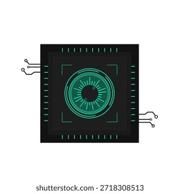 Esta ilustração vetorial representa um olho ou íris digital futurista em um módulo sofisticado, semelhante a um processador, simbolizando segurança biométrica avançada, inteligência artificial e proteção de dados eficiente. Os elementos azuis brilhantes sobre o fundo escuro evocam um senso de tecnologia moderna, inovação, e segurança cibernética de ponta. É ideal para apresentações industriais de alta tecnologia, interfaces da Web e conceitos de segurança.