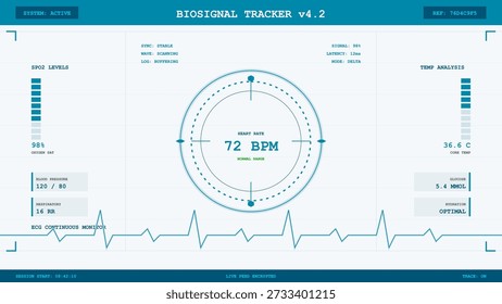 This vector illustration depicts a futuristic high-tech biosignal tracker screen displaying real-time vital signs.