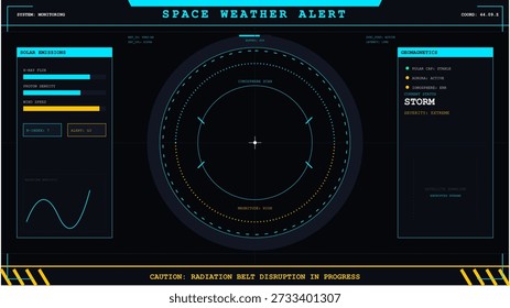 This vector illustration depicts a futuristic interface displaying a critical space weather alert, showing solar emissions data, geomagnetic status, and an extreme storm warning.