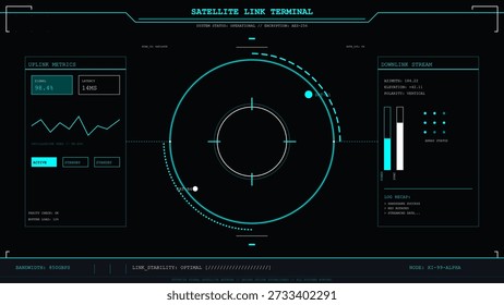 This vector illustration depicts a futuristic graphical user interface displaying real-time operational data for a secure satellite network connection.