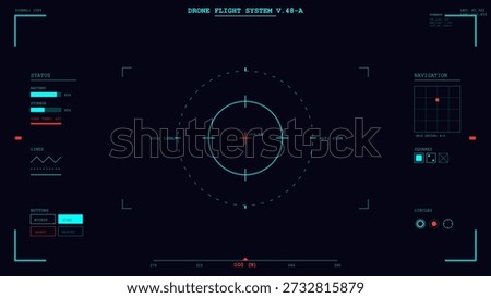 This vector illustration depicts a futuristic heads-up display (HUD) for a drone flight control system. The digital interface features real.