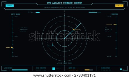 This vector illustration depicts a futuristic sub-aquatic command center interface. It features an active sonar sweep tracking a target and displays critical environmental and.