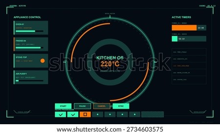 This vector illustration depicts a futuristic smart kitchen operating system interface. The digital screen displays real-time appliance controls, active cooking timers.