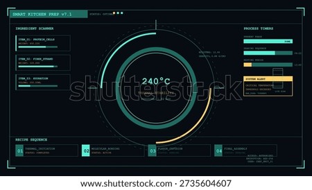 This vector illustration depicts a futuristic heads-up display for an automated smart kitchen preparation system.