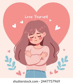 
This vector illustration depicts a girl embracing herself, symbolizing self-love and valuing her inner feelings.