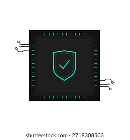 Esta ilustração vetorial representa um escudo de segurança azul-petróleo brilhante com um emblema de marca de seleção centrado em um chip de computador escuro e estilizado. O chip possui linhas de circuito e conexões mínimas, sugerindo tecnologia avançada e proteção robusta. Ideal para transmitir conceitos de segurança cibernética, integridade de dados, segurança digital e confiabilidade tecnológica em contextos modernos de computação.