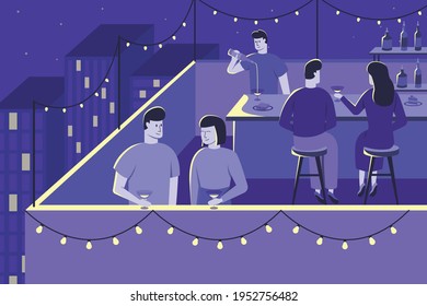 This Vector Illustration Depicts A Group Of Happy Young People Relaxing At A Night Rooftop Party And Enjoying The Beautiful City Views 